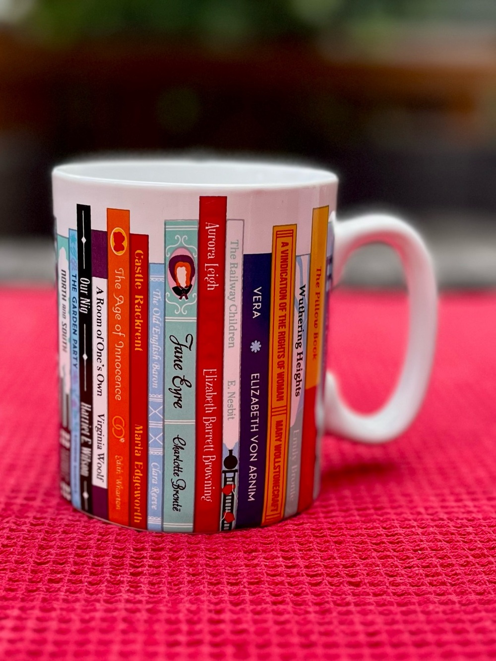 Women Writers Mug with Multicolor Book Spines Library of Female Author Feminists